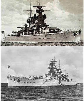 La foto superior es del Admiral Scheer, la inferior del Graf Spee, como se puede ver el parecido es notable, por algo son buques gemelos y es difícil diferenciarlos