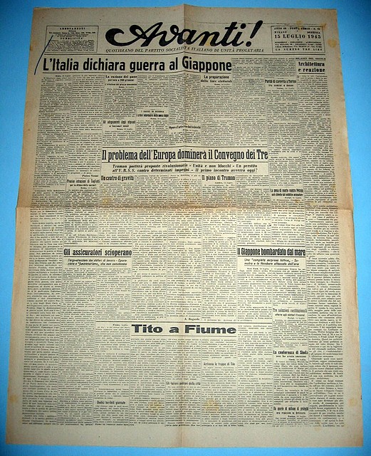 Portada del Diario Avanti del 15 de julio de 1945