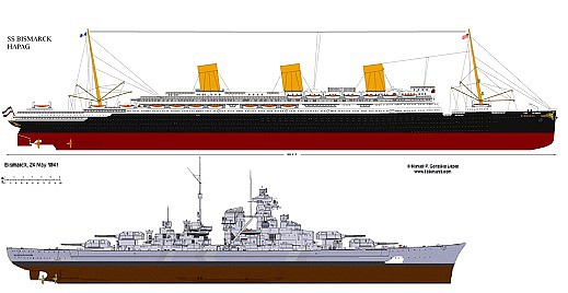 Comparativa del tamaño de los dos Bismarck, el acorazado y el transatlántico