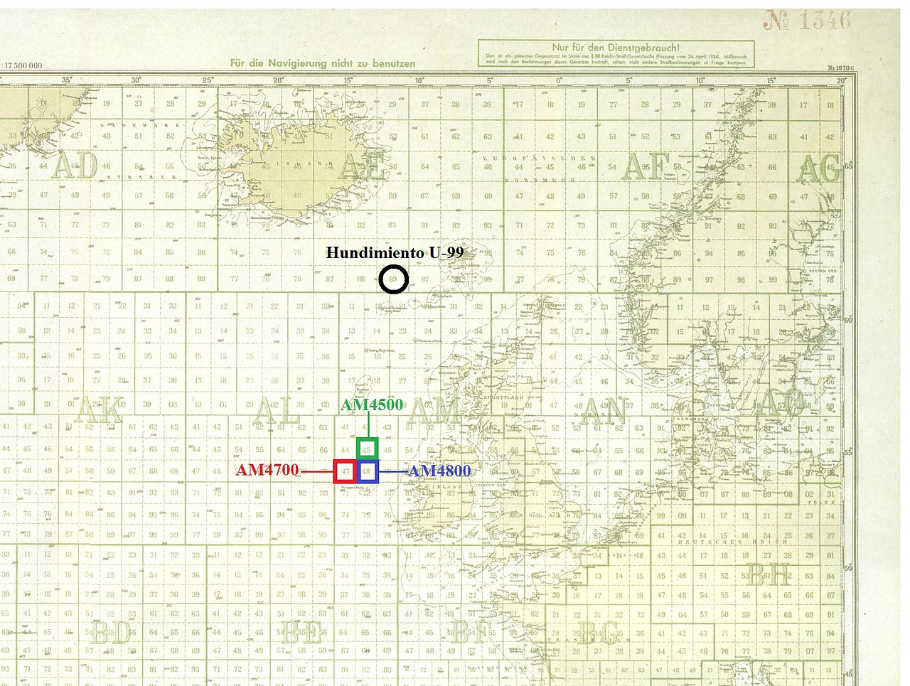 El cuadrante azul AM4800 corresponde a la zona inicial de patrulla del U-99 y donde hundió al SS casanare. El cuadrante rojo AM4700 corresponde a la zona donde se desarrolló el combate con el HMS Laurentic II y HMS Patroclus y el cuadrante verde AM4500, a la zona donde se desplazó tras el combate. Finalmente en el círculo negro corresponde al lugar donde se produjo el hundimiento del U-99 el 17 de marzo de 1941