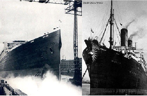 A la izquierda una imagen de la botadura del SS Bismark. En la imagen derecha la proa del SS Imperator