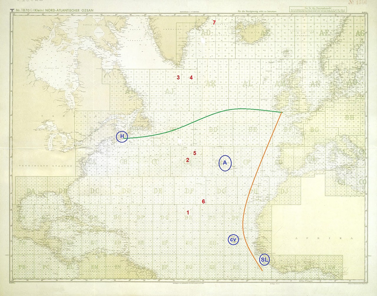 carta náutica de la Kriegsmarine de la zona del océano Atlántico se sitúan todos los cuadrantes de localización según su codificación