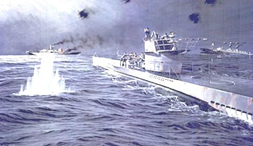 Pintura del U-99 en el combate de la noche del 3-4 de noviembre de 1940. Al fondo se ven a la izquierda el HMS Patroclus y a la derecha el HMS Laurentic II, el autor es el pintor alemán Joachim Sachse