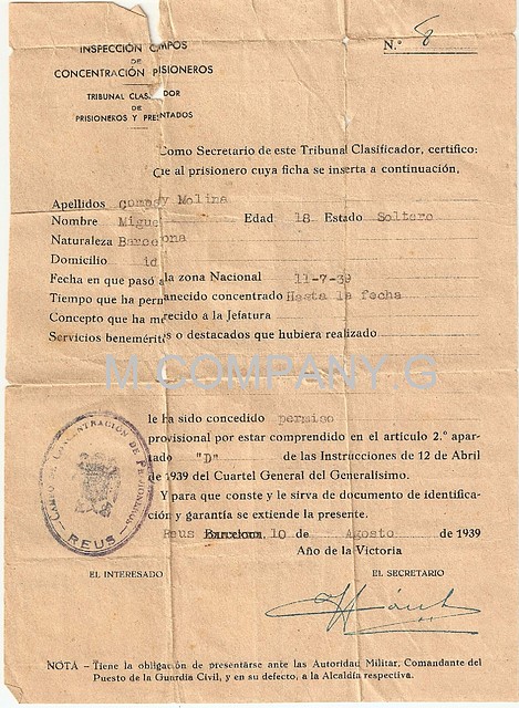 Certificado de permiso de salida del campo de prisioneros de Reus 